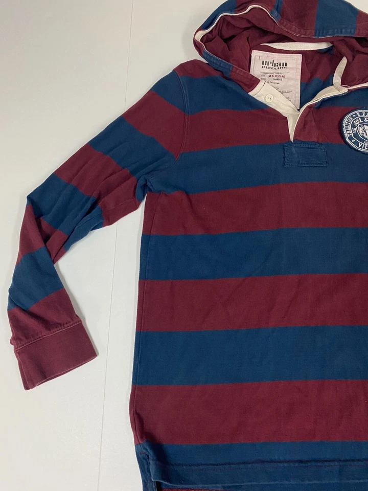 Urban Pipeline Sudadera con Capucha Mediana Para Hombre Rojo Rayas Botón Azul Pullover Foto 3 de 4