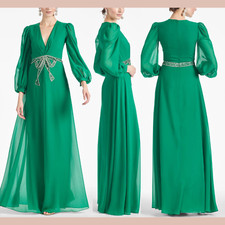 NWT 1095 Sachin Babi 8 Ramsey Long Sleeve V Neck Bow Gown Green Q1188