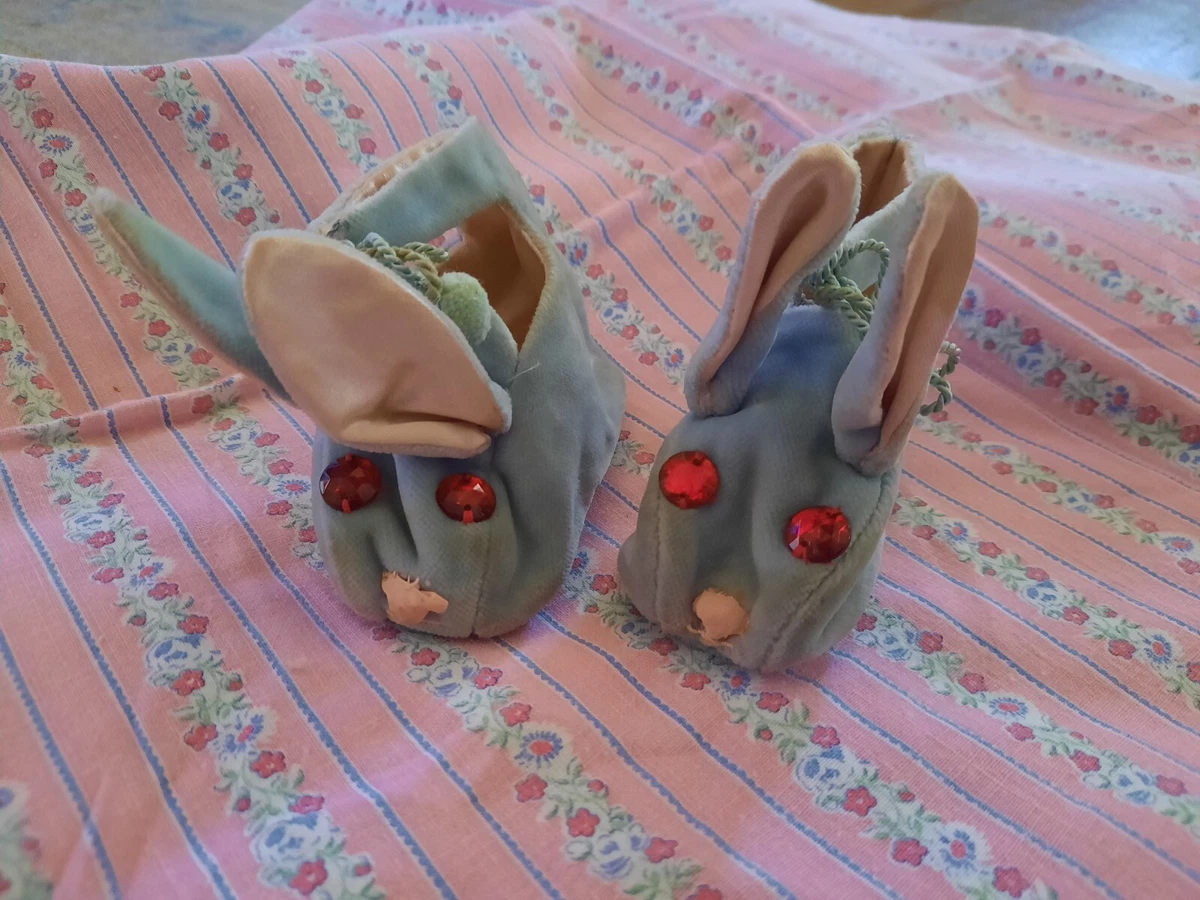 Vintage 60&#039;s Baby Children&#039;s Blue Velvet Bunny Slippers Jeweled Eyes |