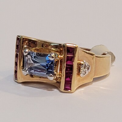 Farrah Fawcett Ring 22 Karat Gold über Sterling Blautopas mit Rubinen & Diamanten Größe: 8