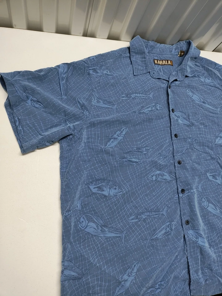 Camisa Kahala 1936 Hawaiana Abotonada Azul Manga Corta Mahi Mahi Para Hombre Talla 2XL Foto 2 de 4