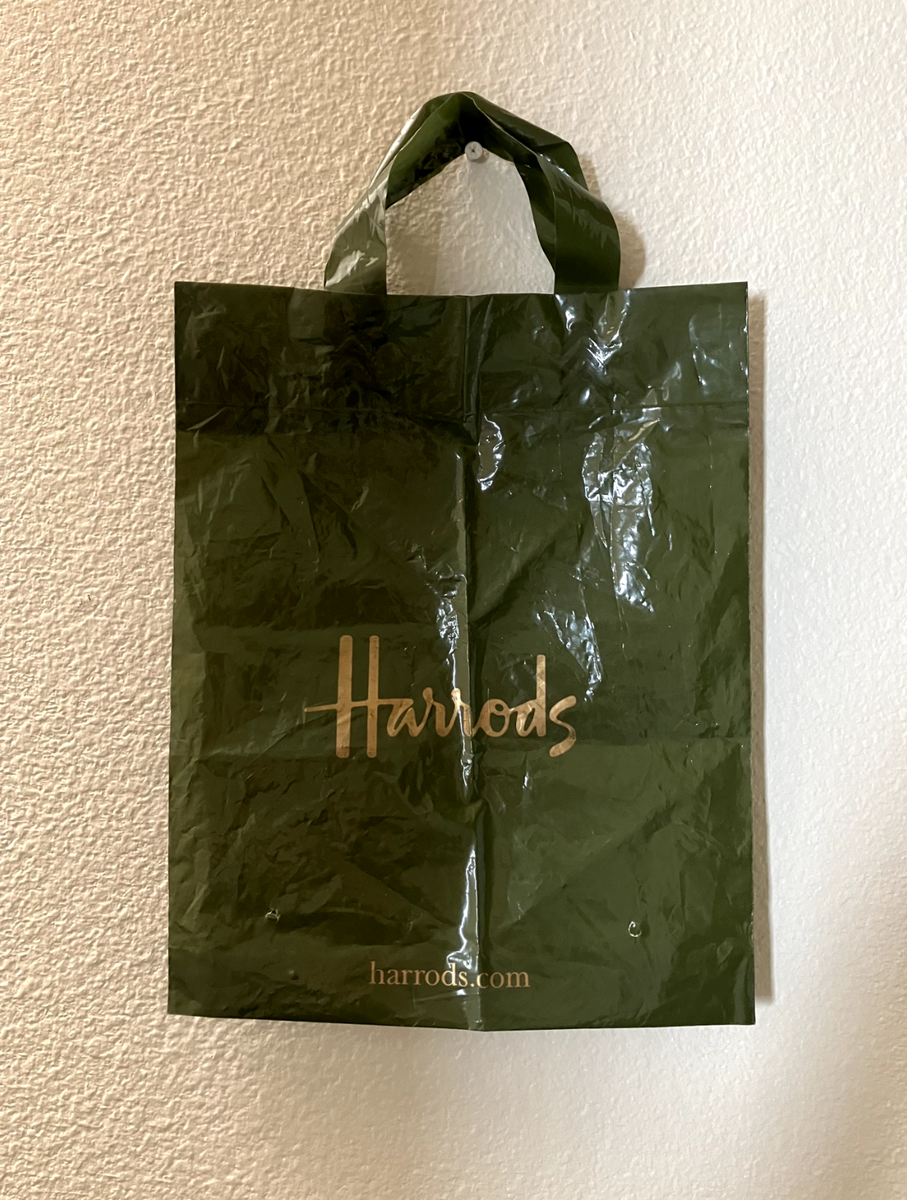 HARRODS green gold text small plastic shopping bag | eBay