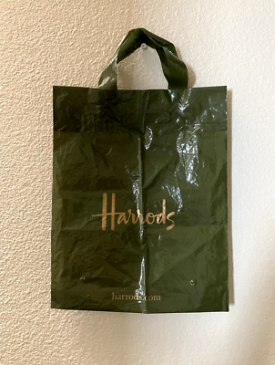 HARRODS green gold text small plastic shopping bag | eBay