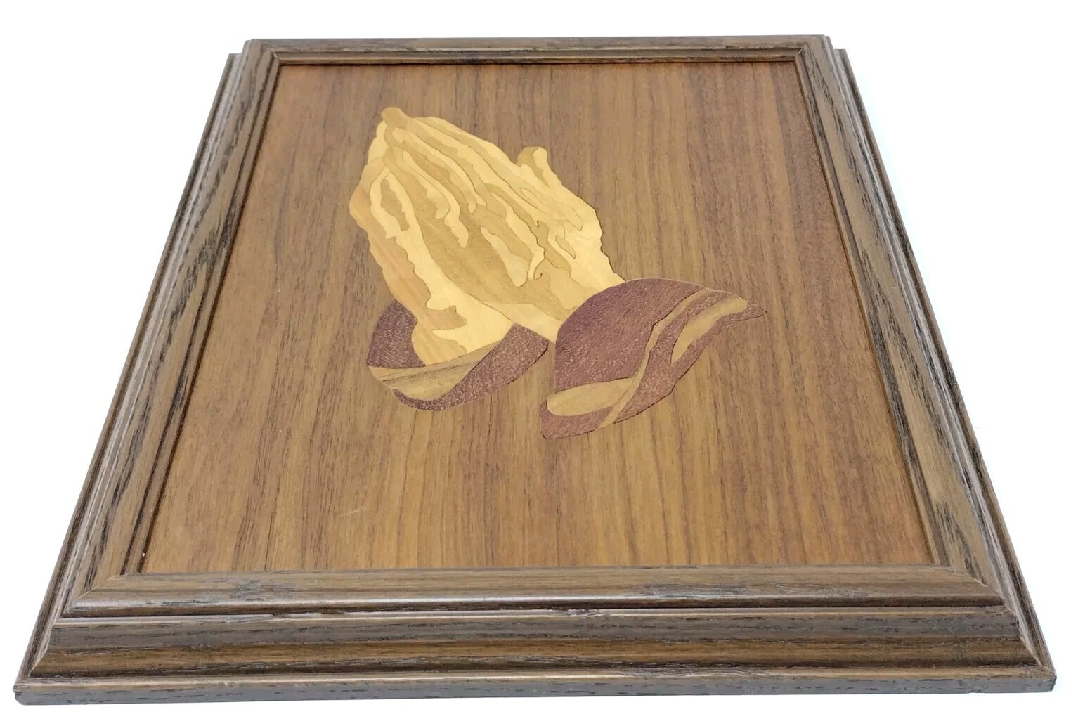 VTG Praying Hands Wood Marquetry Inlaid Inlay Framed Picture Christian Wall Art