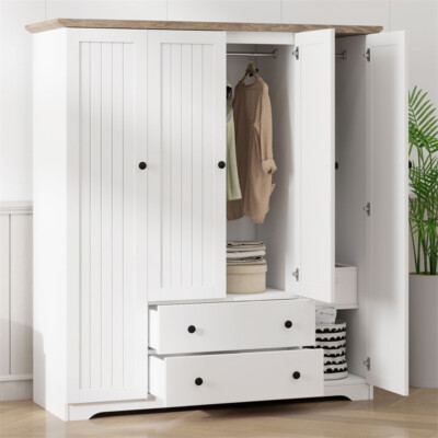 4 Doors Wooden Wardrobe with 2 Drawers Armoire Closet Cabinet Organizer White