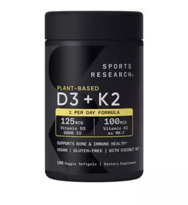 Vegan Vitamin 5000IU D3+K2, 160 Veggie Softgels coconut oil Bone (10/2025)