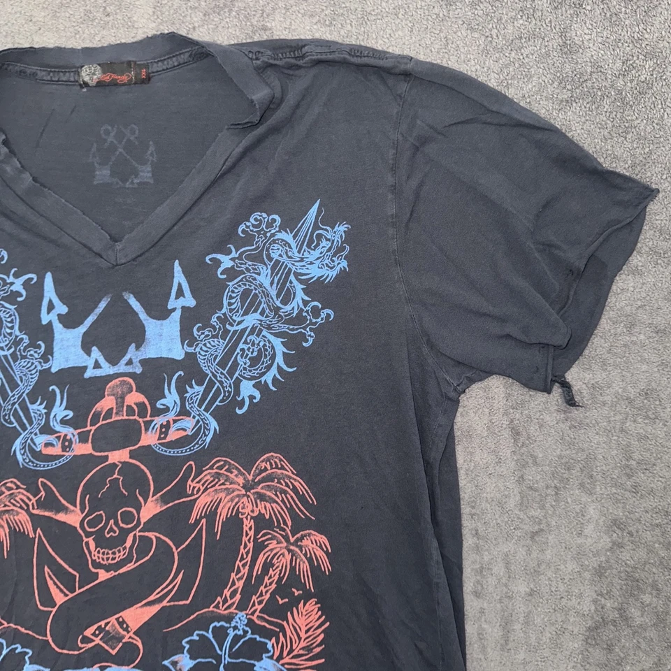 vintage ed hardy distressed blue t-shirt size 2xl navy blue v-neck y2k tee - Image 2 of 4
