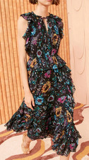 Ulla Johnson Adrienne Long Dress in Black Iris Floral Silk Chiffon Ruffle Size 0