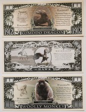 3 Fantasiebanknoten Tiere (Komodo-Waran, Habicht u. Wollaffe), je 1 Mio Dollar