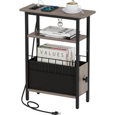 Narrow Side Table with Charging Station - Slim 3-Tier Nightstand for Small Sp...