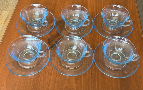 Fostoria FAIRFAX Azure Blue Cup Cups & Saucer Saucers Elegant Glass Set Of 6 - Picture 2 of 6