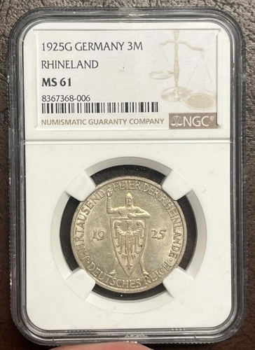 1925-G Germany Weimar Rhineland 3 Mark Silver Coin-  NGC MS61. Nice Eye Appeal!!