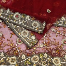 Vintage Bridal Heavy Maroon Net Dupatta Hand Embroidered Zardozi, Dabka, Zari