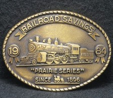 XB07150 VINTAGE 1984  RAILROAD SAVINGS PRAIRIE SERIES  TRAIN MENS BELT BUCKLE