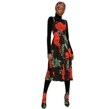 Dolce & Gabbana Black Poppy Print Silk Midi Dress Size 42 IT, 6 US NEW