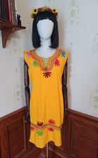 Vintage 1970s Hand-embroidered Yellow Mexican Peasant Hippie Festival Mini Dress