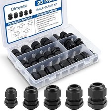 25 Pack Waterproof Cable Gland Kit - IP68 Nylon Connectors PG7 to PG16 Black 