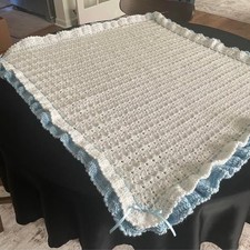 Baby Blanket White with blue 37  x41  handmade