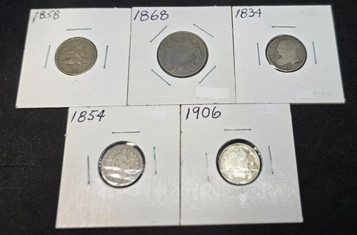 5 Coin Lot Flying Eagle,Two Cent,Capped Bust,Liberty Seated,Barber Dime