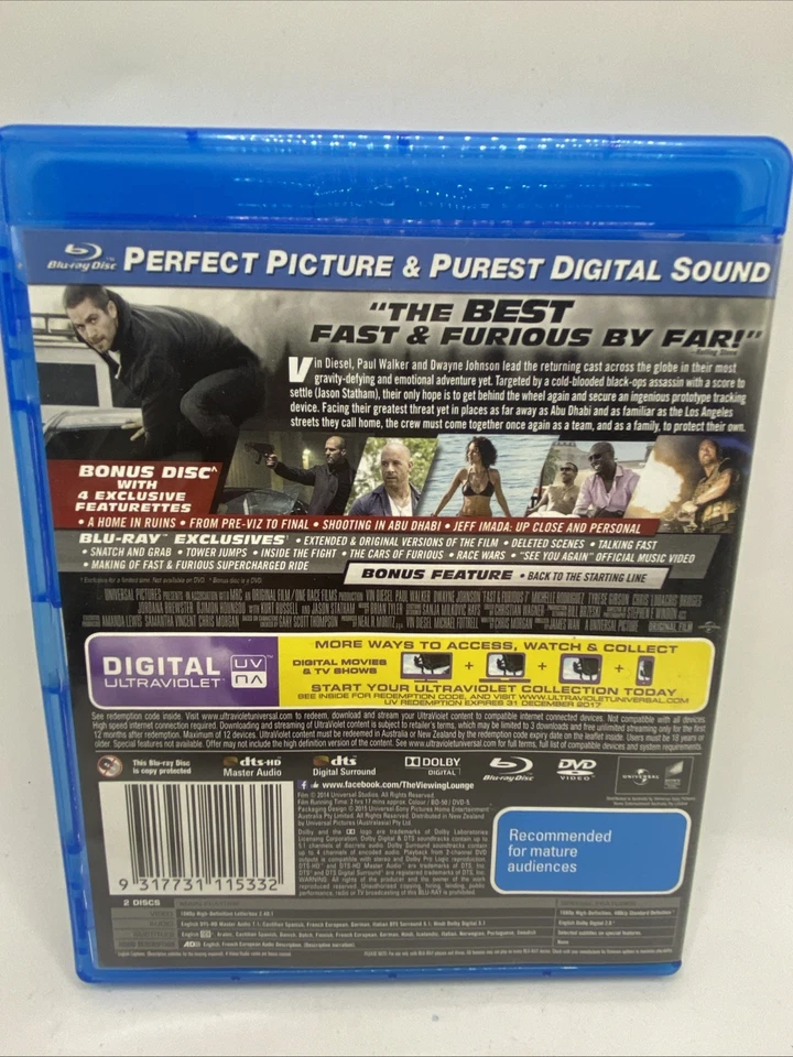 Fast & Furious 7 (Blu-ray, DVD, 2014) VGC Fast & Free Local Post REGION FREE - Image 2 of 4