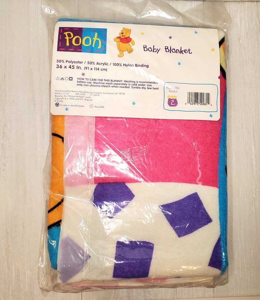 Manta bebé vintage 36x45” años 90 Beacon Winnie the Pooh retazos acrílico nueva de stock Foto 4 de 4