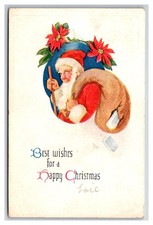 Santa Claus Close up w torn Christmas Gift toy bag Embossed w Poinsettia