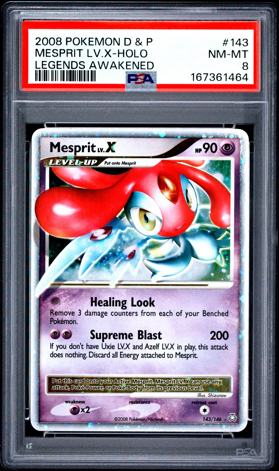2008 POKEMON DIAMOND & PEARL LEGENDS AWAKENED #143 MESPRIT LV.X-HOLO PSA 8