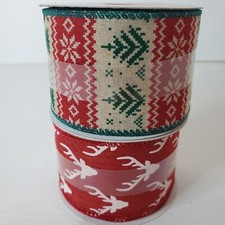 Celebrate It Christmas Lot 2 Wired Deer Reindeer Ribbon 2.5" x 20 Ft Rolls Tree