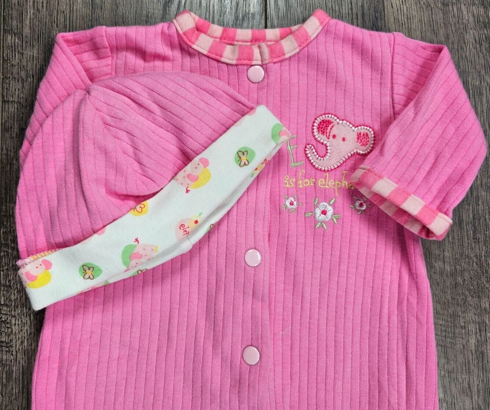 Ropa de bebé niña bebé prematuro 2 piezas rosa con patas de elefante conjunto y sombrero Foto 3 de 4