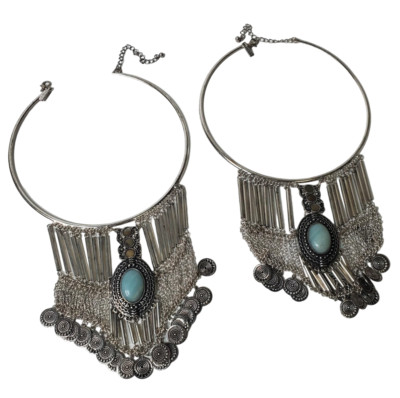 Set of 2 Turquoise Coral Stone Silver Tassel Necklace