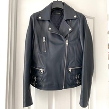 Marks And Spencer Autograph Ladies Dark Navy Leather Biker Style Jacket Size Uk6