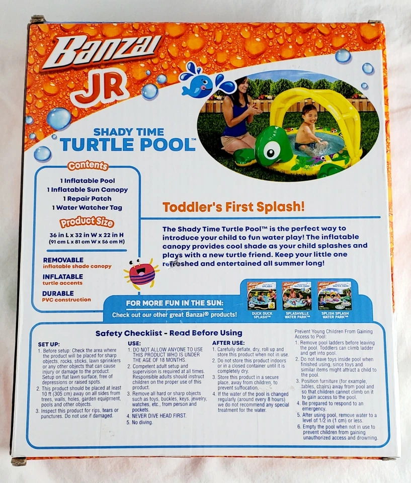 Banzai Jr.  Shady Time Turtle POOL + sun canopy, 18 months+  - New/Sealed - Image 2 of 2