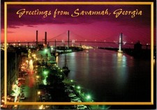 Savannah Georgia Panoramic View River Street Night Lights Bridge c2000 Postcard
