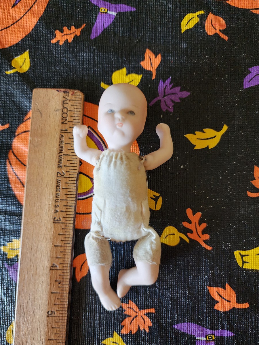 Vintage Bisque Porcelain Baby Doll w Blue Eyes Cloth Body 1940s