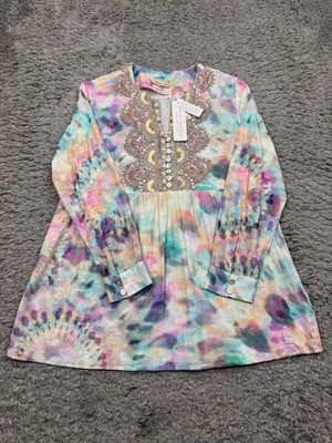 Soft Surroundings Top Women XS Petite Pastel Boho Bazille Tunic Soft Aqua NWT