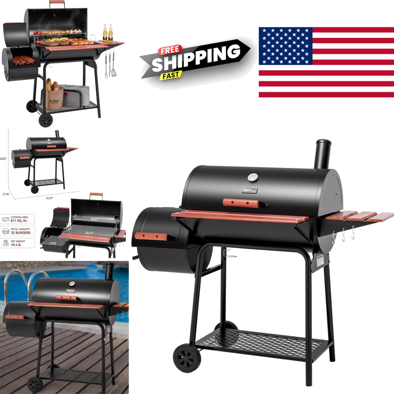 Offset Smoker Grill with Porcelain Enameled Cooking Grates a