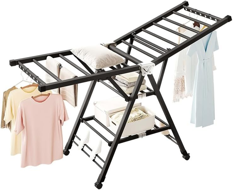 3-Tier Foldable Clothes Drying Rack, Black, 7 Adjustable Heights, Heavy ...