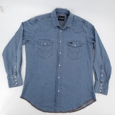 Wrangler Denim Shirt Mens Medium Blue Western Snap Pearl Long Sleeve Stonewash
