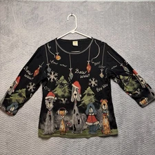 Jess & Jane Bow Wow Christmas Top Womens Sz Medium Multicolor Holiday Shirt