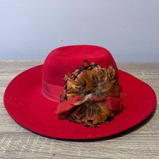 Womens Red Wide Brim Fedora Hat Felt 100 Wool Feather Trim Size Small 6 5/8 USA