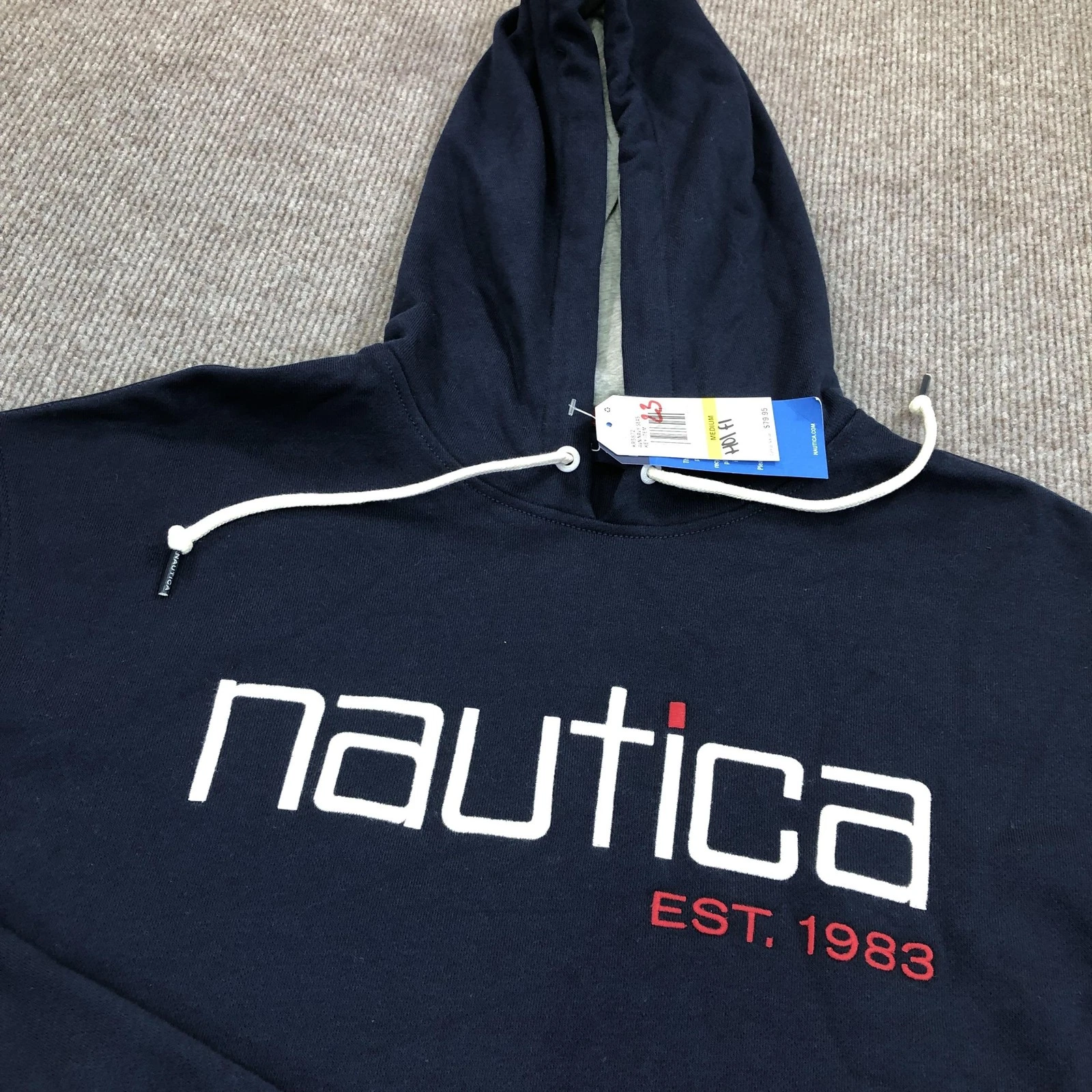 Nautica Hoodie Sweatshirt Mens Medium Blue Fleece Pullover Nautica EST 1983 Logo image 5