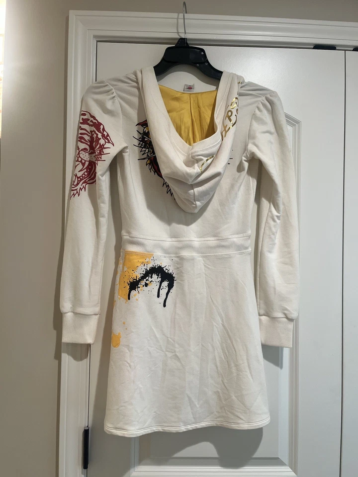 Vestido con capucha para mujer Ed Hardy Tiger Y2K talla pequeña color blanco crema Foto 3 de 4