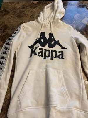 Kappa White Pullover Hoodie Fleece Logo Print Drawstring Pockets Long Sleeve