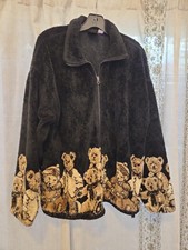 200- Vintage Mazmania Black Sweater Jacket Womens Teddy Bears Fleece Made In USA