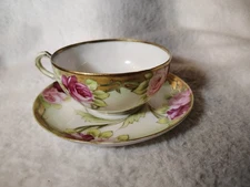 vintage peonies In Pinks tea cup and saucer,  white with gold trim Mint Green