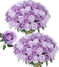 50 PCS Purple Roses Artificial Flowers, Fake Roses with Stem Realistic Silk R...