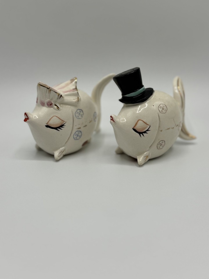1950s anthropomorphic wedding fish in tuxedo and veil as salt & pepper shakers — peak absurdist mid-century Japan export kitsch and an instant conversation piece.