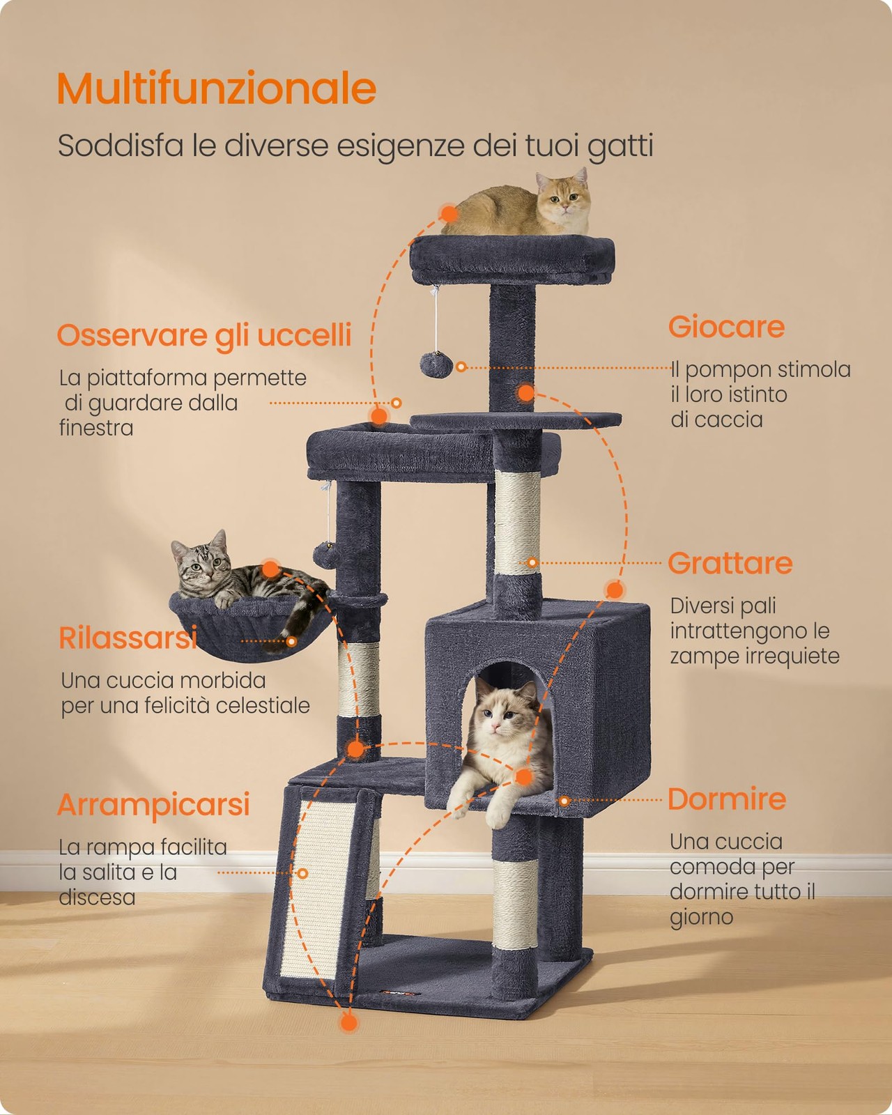 Albero Tiragraffi, Torre per Gatti con Pali e Rampa Graffiatoio, 3 Grandi foto 3