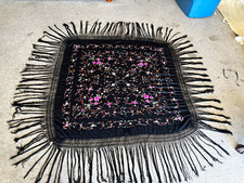 Antique 1920s Art Deco Black Silk Piano Shawl Hand Embroidered Floral Manila 50"