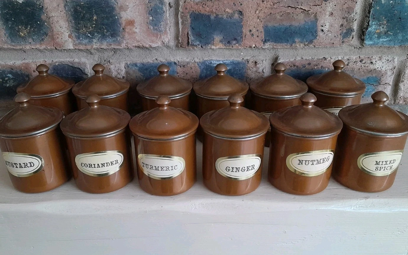 Vintage Set Of 12 Kitchen Tin Spice Rack Canisters Copper Storage Pots Patina